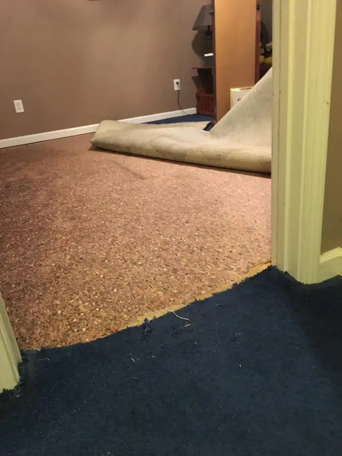 Carpet pad removal revealing water damage during Water Mitigation Services in Lone Grove